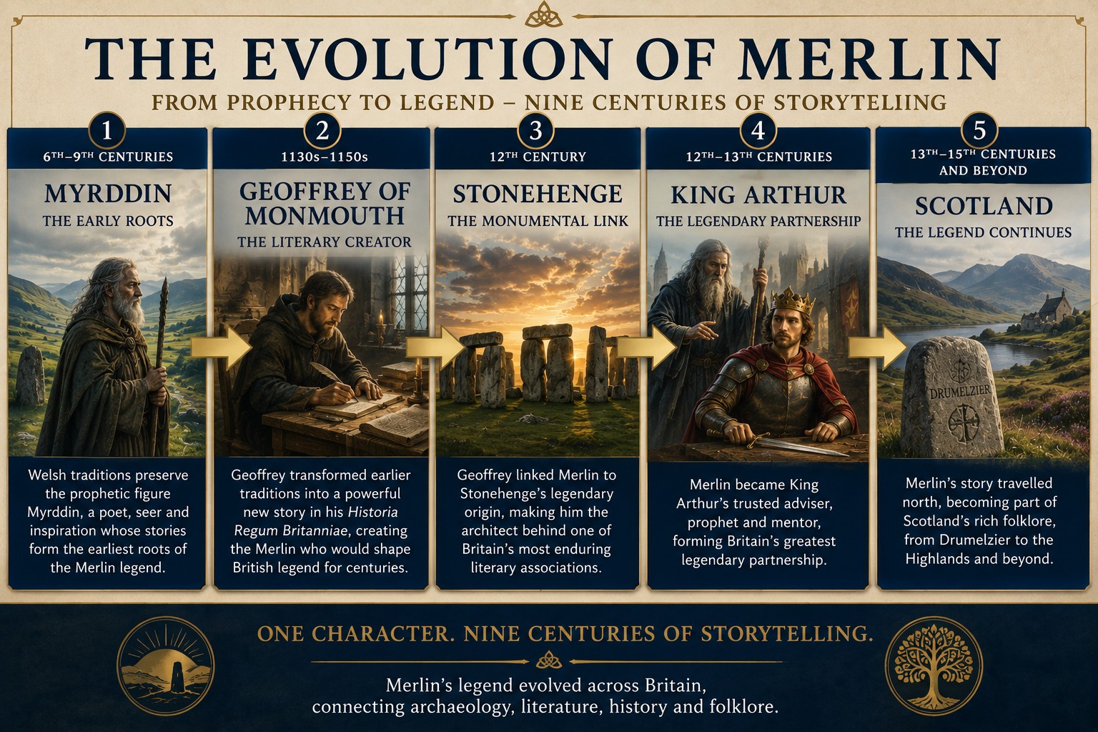 A five-stage educational infographic tracing the evolution of Merlin from the Welsh prophet Myrddin through Geoffrey of Monmouth's writings, Stonehenge, King Arthur and Scotland, illustrating how one legendary figure developed over centuries into Britain's greatest cultural bridge.