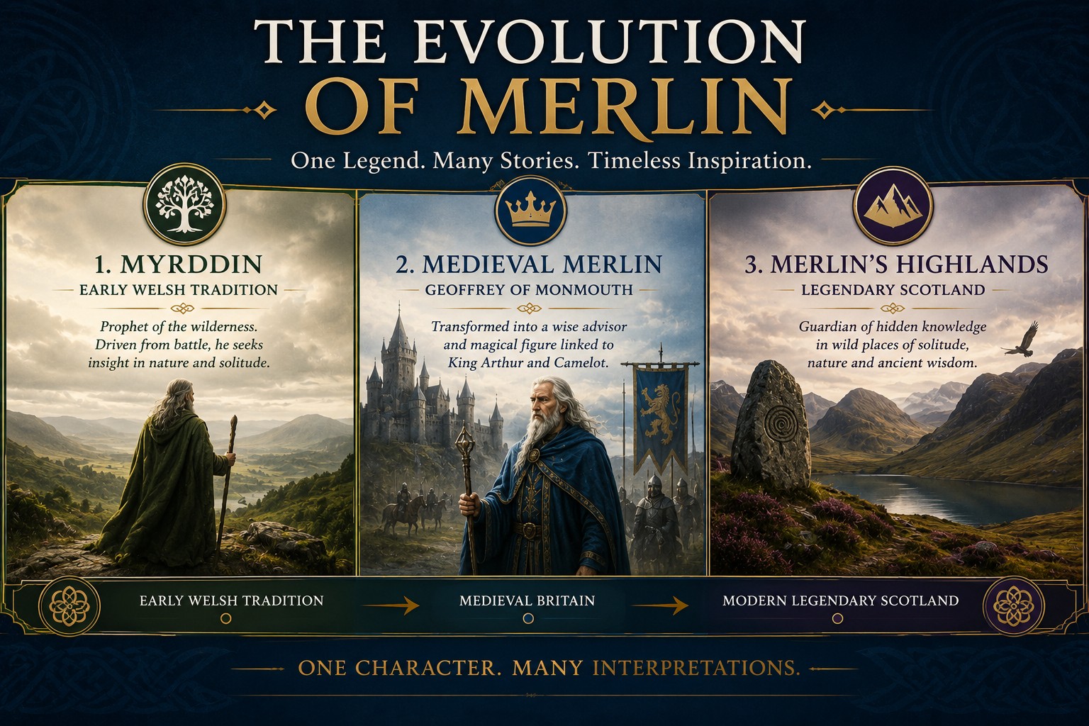 Three-panel educational infographic illustrating the evolution of Merlin from the early Welsh prophet Myrddin, through Geoffrey of Monmouth's medieval Merlin, to the legendary wilderness figure associated with Scotland's Highlands, highlighting how one literary character developed across centuries of British tradition.