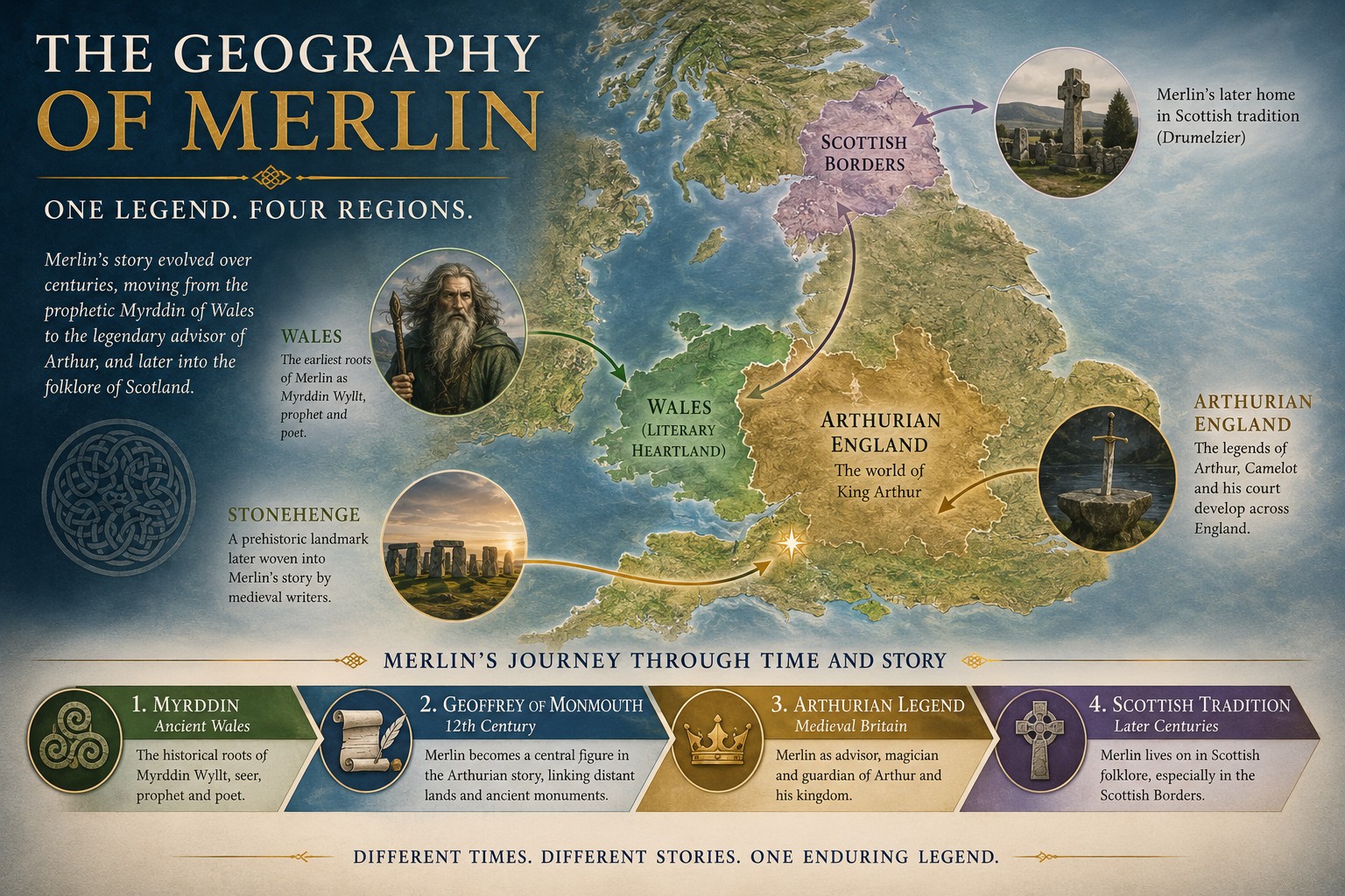 Educational infographic showing the geographical evolution of Merlin across Britain, tracing his journey from the Welsh traditions of Myrddin to Stonehenge, Arthurian England and the Scottish Borders, illustrating how one legendary figure became associated with different regions through literature and folklore.