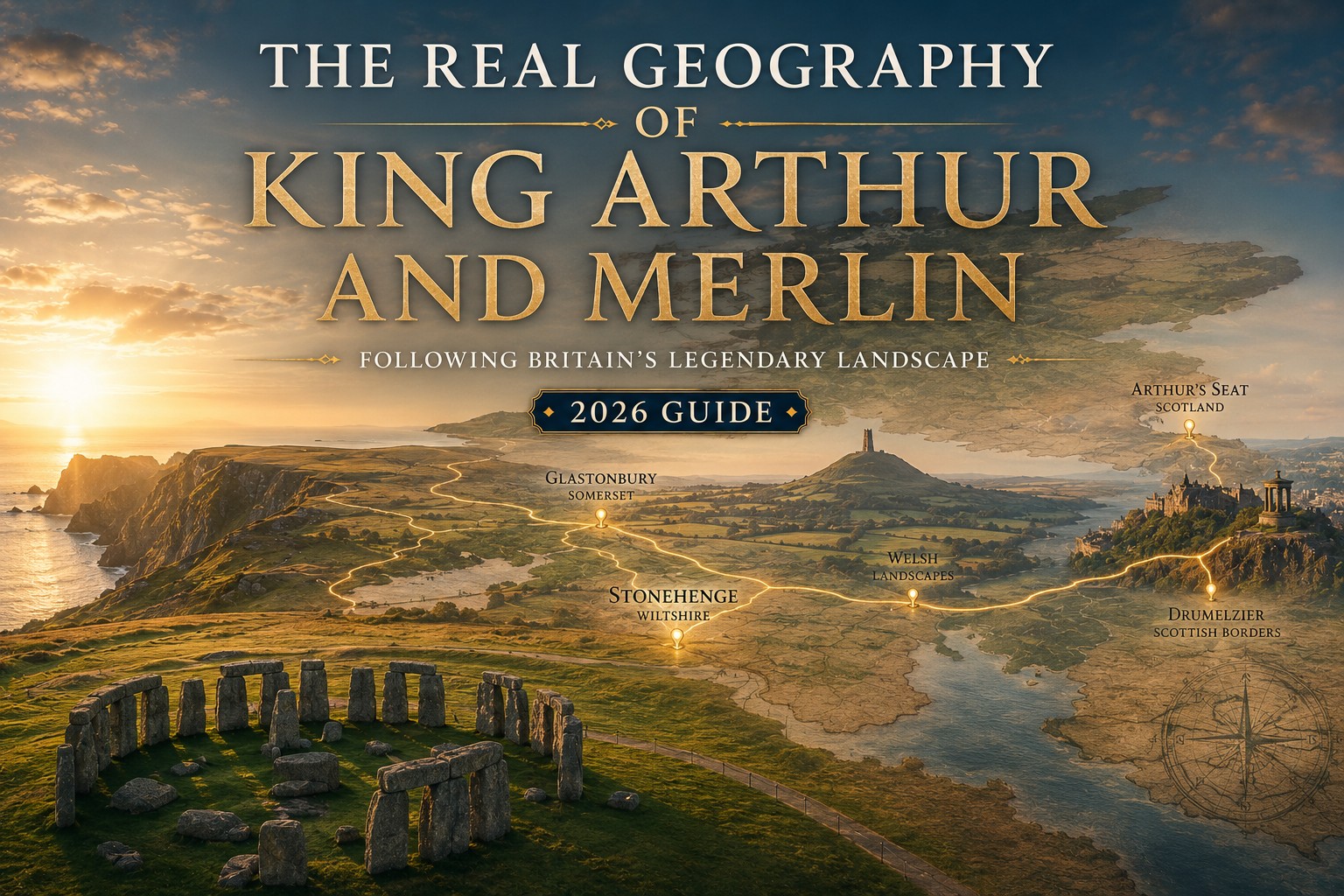 A cinematic landscape and parchment-style map of Britain centred on Stonehenge, with glowing routes linking Glastonbury, Welsh landscapes, Arthur's Seat and Drumelzier, illustrating how archaeology, medieval literature and regional tradition combine to create Britain's legendary geography.