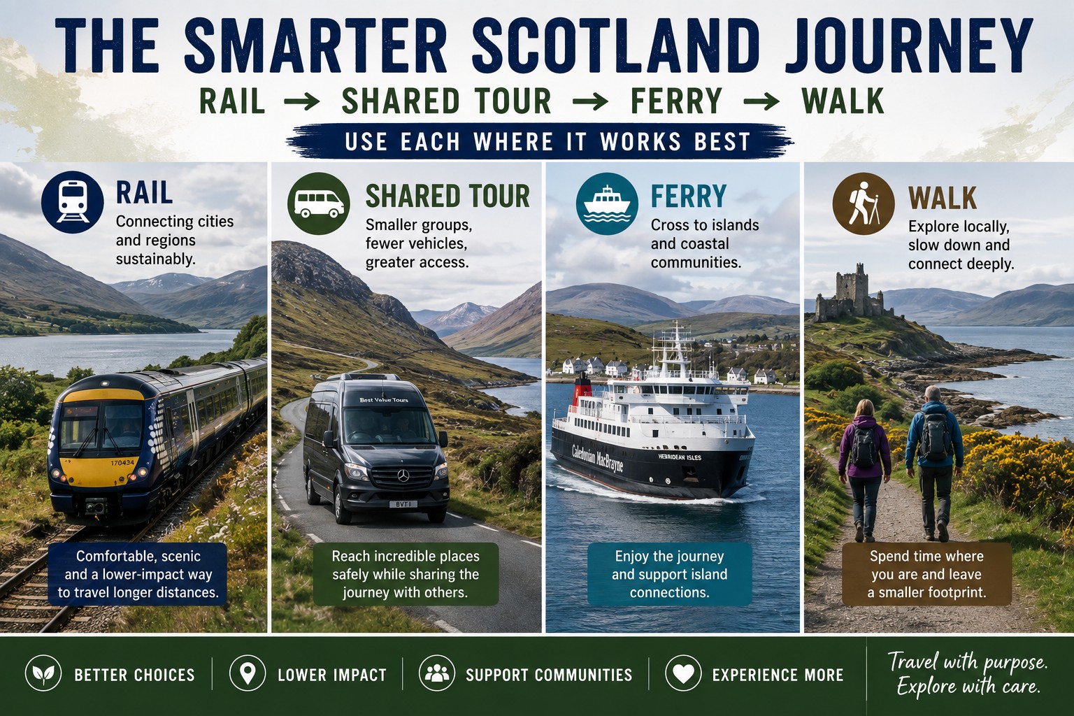 Four-part sustainable Scotland travel graphic showing a train, small-group tour vehicle, island ferry and travellers walking through Scottish landscapes.