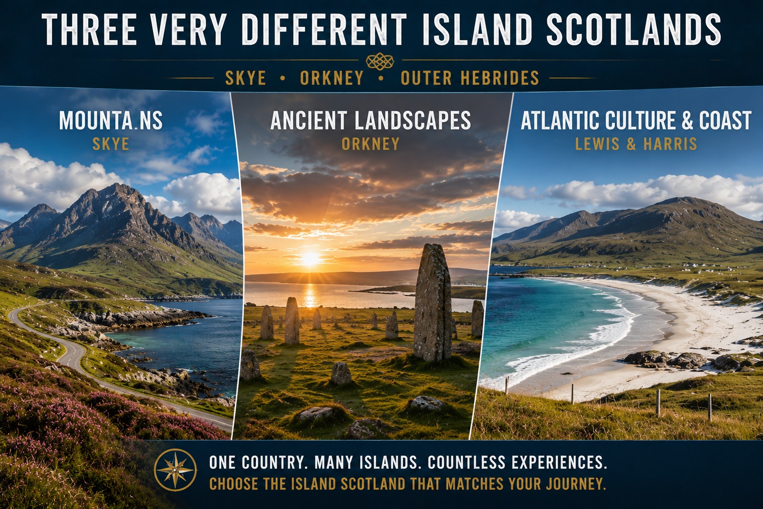 Three-panel Scottish islands comparison showing Skye mountain scenery, Orkney prehistoric standing stones and the Atlantic beaches and mountains of Lewis and Harris.