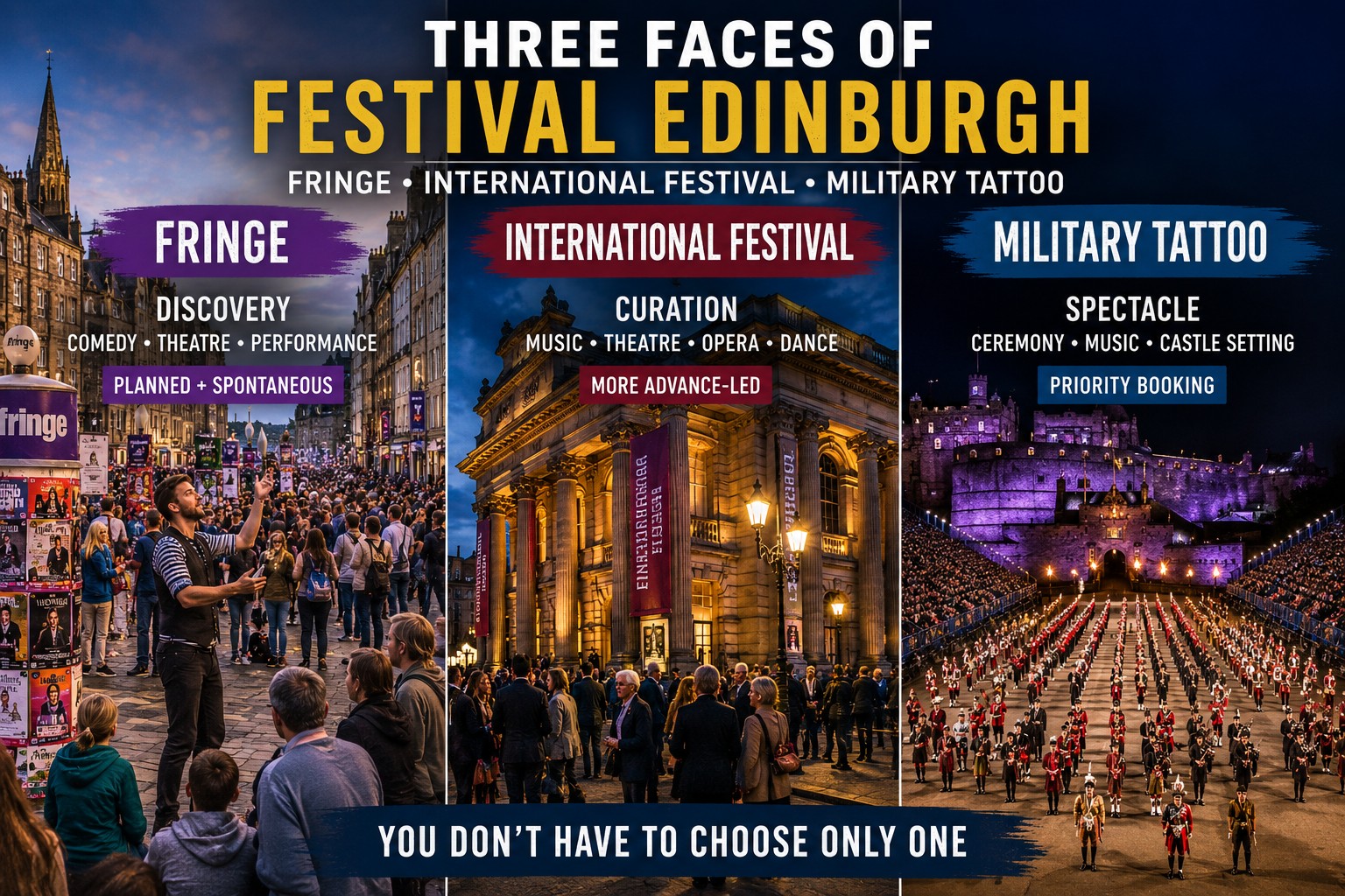 Three-panel Edinburgh festival comparison showing the Fringe, Edinburgh International Festival and Royal Edinburgh Military Tattoo, highlighting discovery, curated performing arts and castle spectacle.