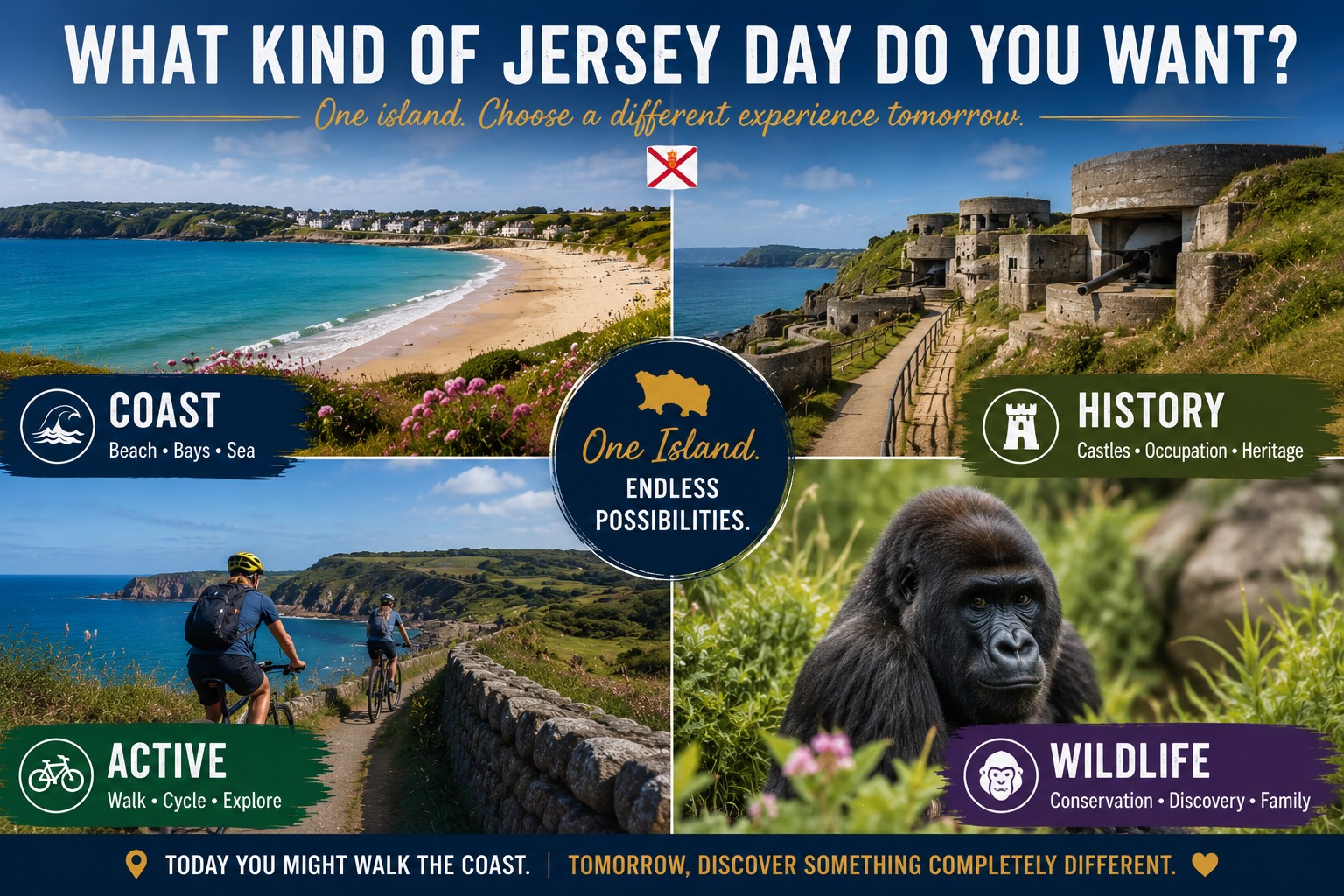 Jersey experiences collage showing sandy coastline, occupation heritage, coastal cycling and wildlife conservation