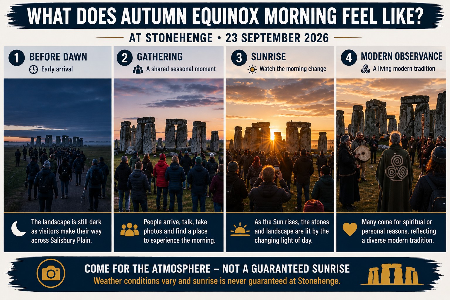 Four-stage Stonehenge Autumn Equinox morning showing visitors arriving before dawn, gathering at the stones, watching sunrise and participating in modern seasonal observance.