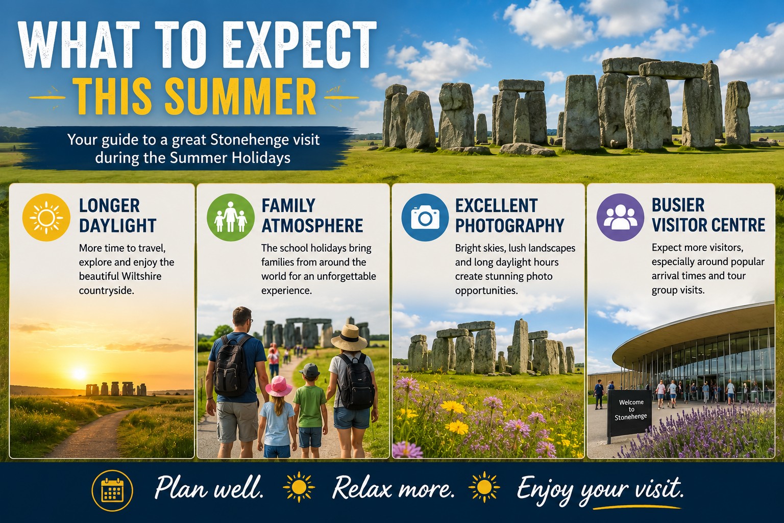 A four-panel summer travel infographic showing what to expect when visiting Stonehenge during the Summer Holidays, highlighting longer daylight hours, a welcoming family atmosphere, excellent photography opportunities and a busier visitor centre beneath bright summer skies.