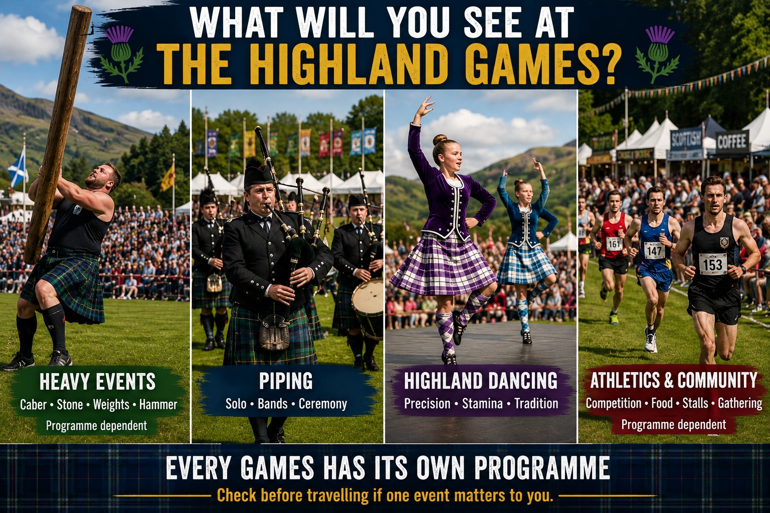 Four-panel Highland Games scene showing heavy events, pipers, Highland dancers and athletics with spectators at a traditional Scottish gathering.
