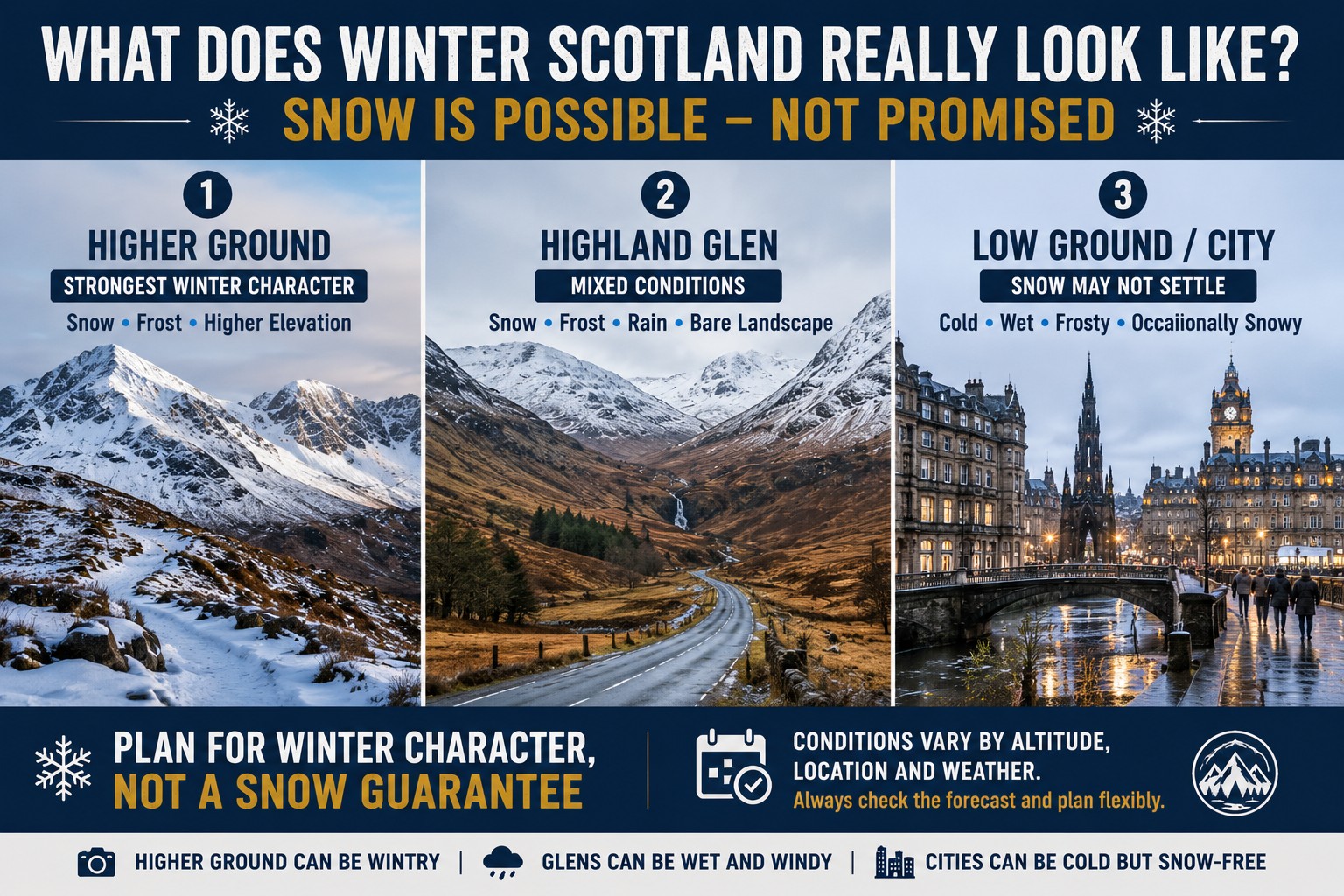 Three-panel winter Scotland comparison showing snowy higher mountains, a partly snow-covered Highland glen and a cold wet Scottish city with little settled snow.