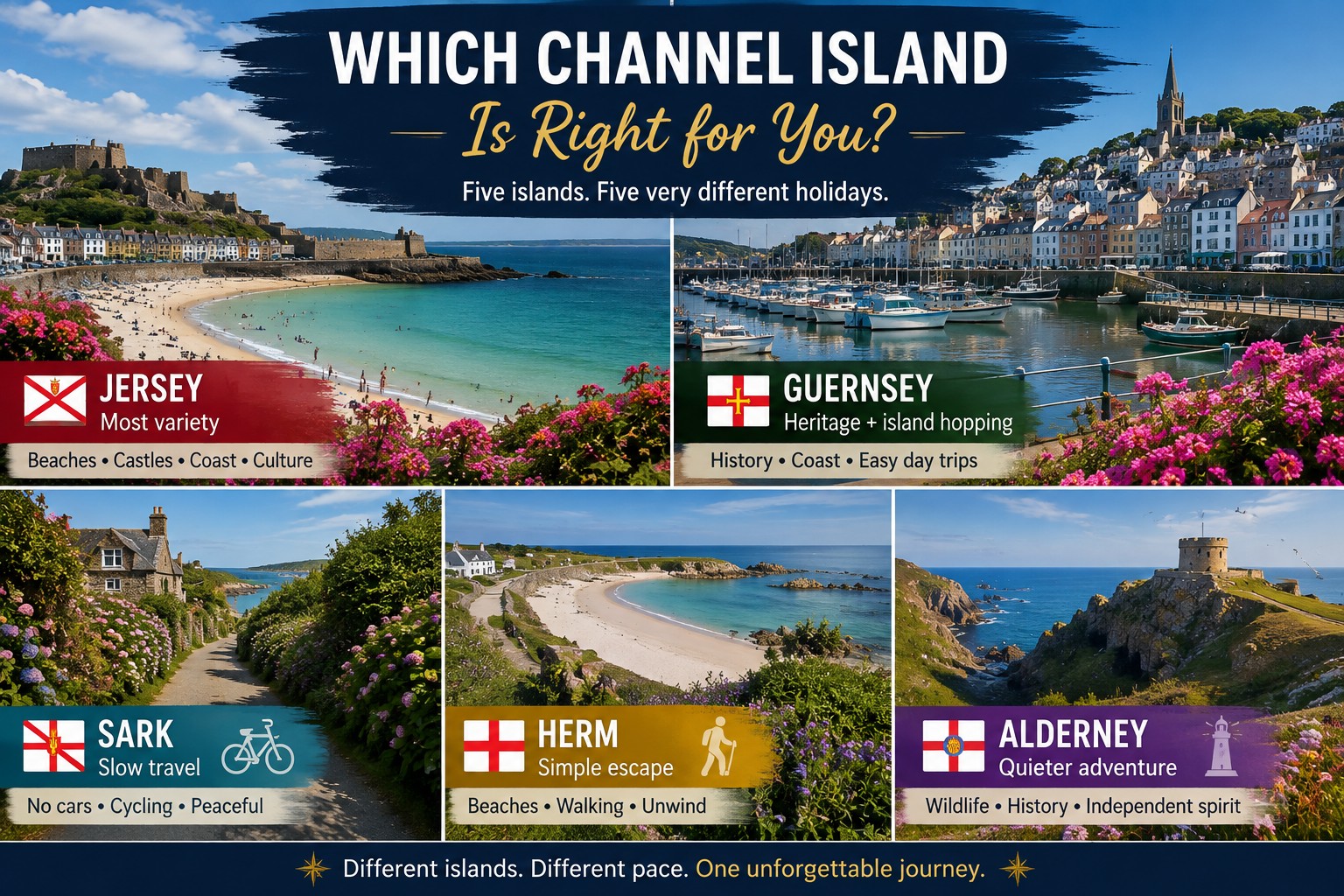 Channel Islands comparison showing Jersey, Guernsey, Sark, Herm and Alderney with their different travel experiences