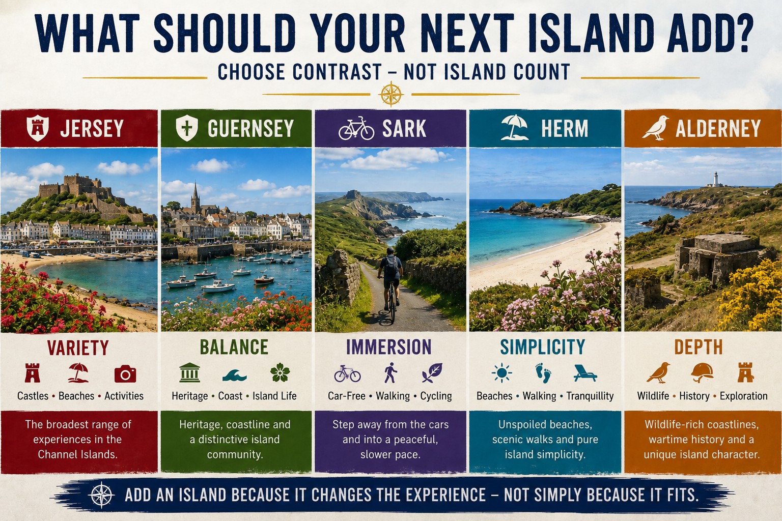 Five-part comparison of Jersey, Guernsey, Sark, Herm and Alderney showing the different experiences each Channel Island can add to an island-hopping journey