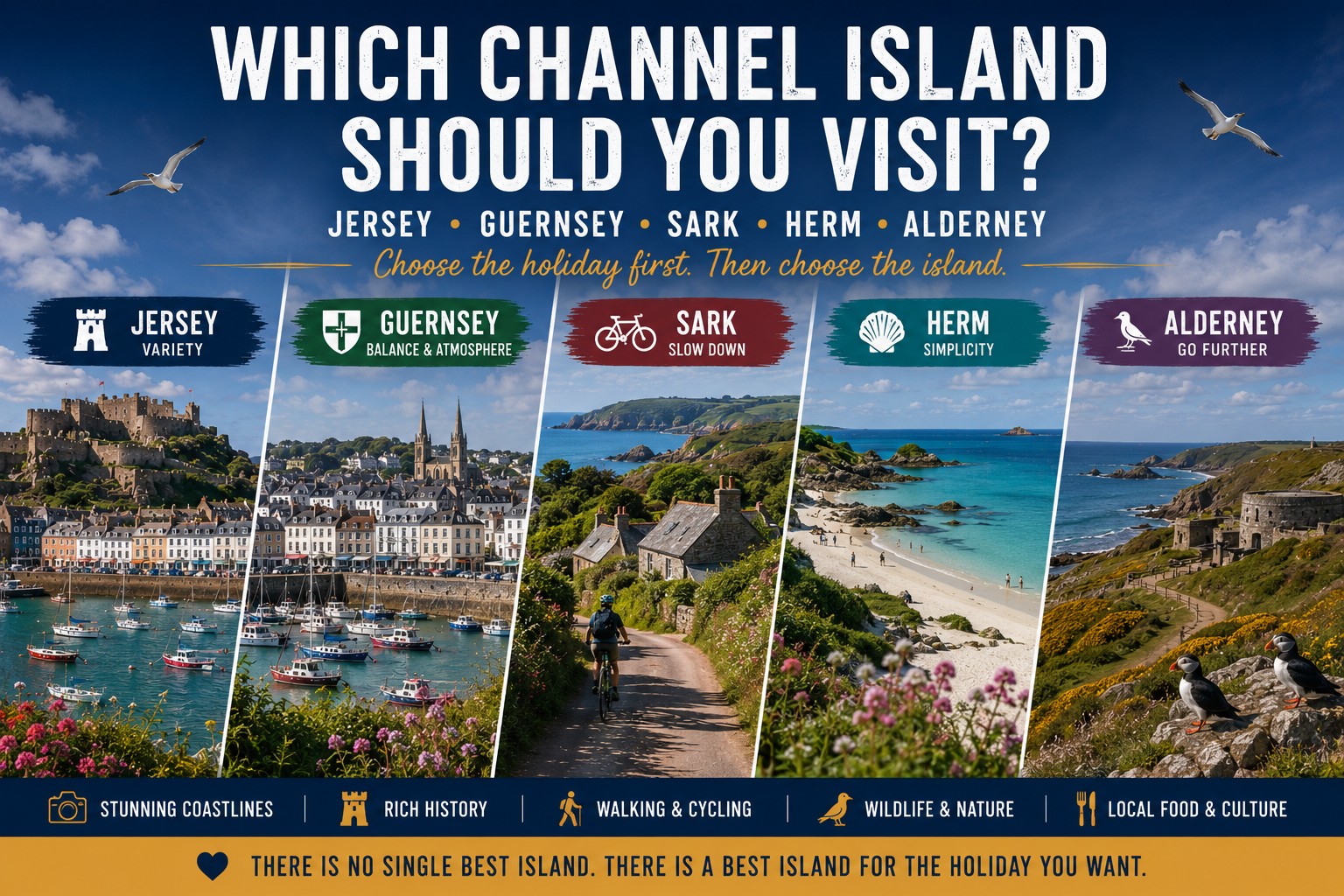 Five Channel Islands comparison showing Jersey, Guernsey, Sark, Herm and Alderney with coast, heritage, beaches, cycling and wildlife
