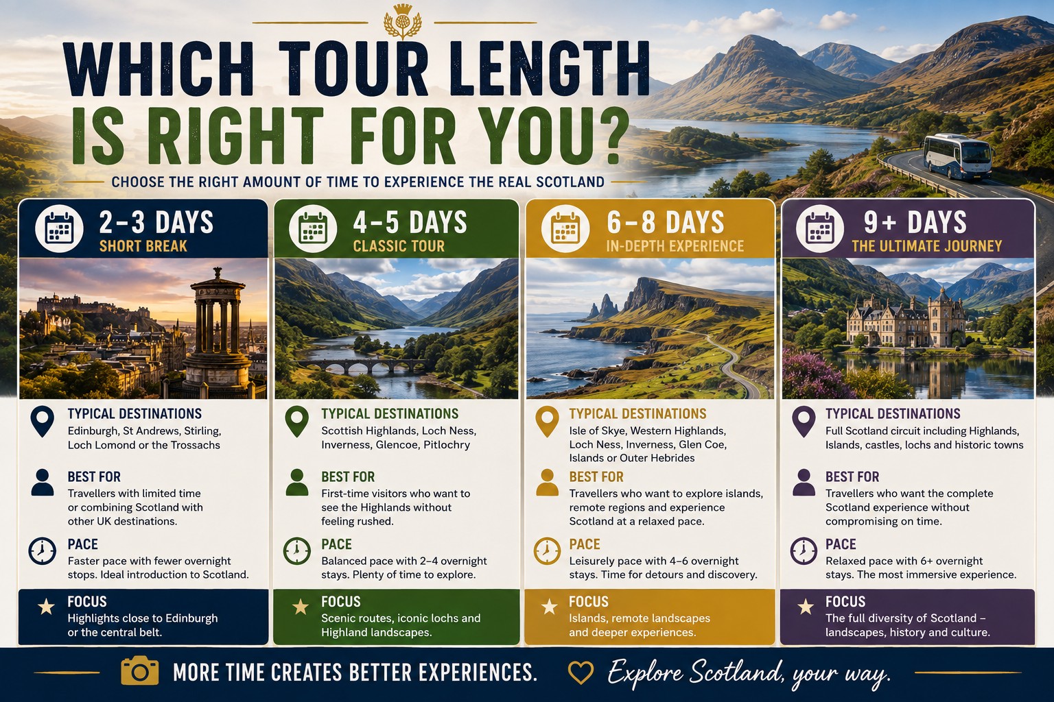 A premium comparison infographic showing four recommended Scotland multi-day tour lengths—2–3 days, 4–5 days, 6–8 days and 9+ days—illustrated with realistic Highland scenery, castles, lochs and islands to help travellers choose the ideal itinerary based on their available time and preferred travel pace.