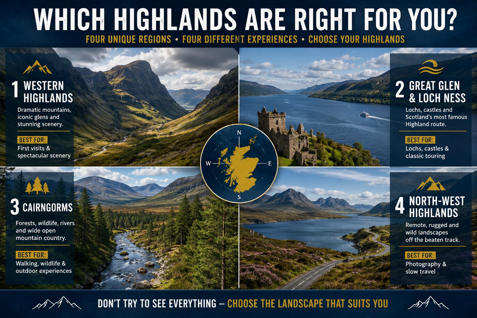 Four-part visual guide comparing the Western Highlands, Great Glen and Loch Ness, Cairngorms and North-West Highlands for visitors choosing where to explore in Scotland.