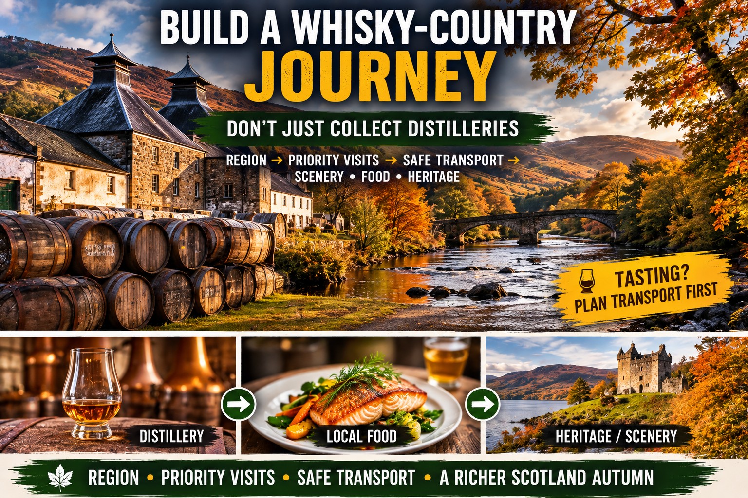 Speyside whisky country in autumn with a traditional Scottish distillery, whisky barrels, local food and a historic castle surrounded by colourful Highland scenery.