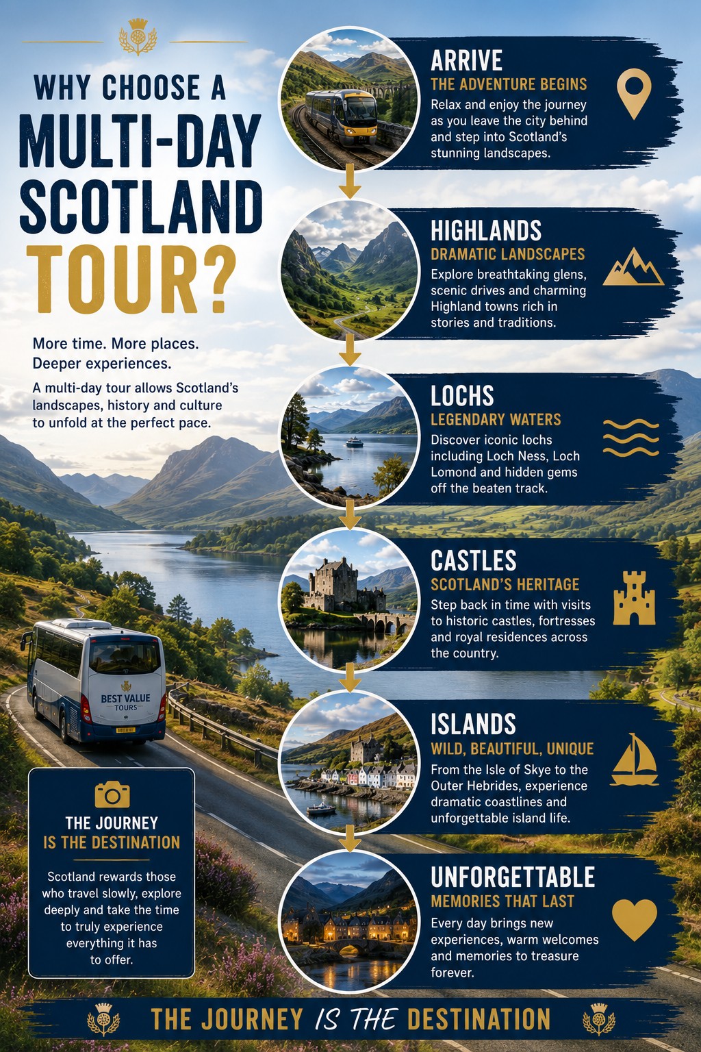 Scotland is best experienced over several days. A well-planned multi-day tour allows travellers to move beyond the cities, explore dramatic landscapes, discover historic castles and enjoy the journey itself at a comfortable pace.