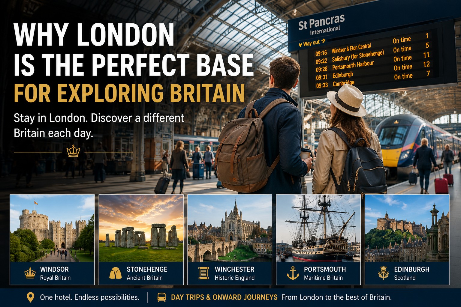 London travel guide hero image showing travellers at a London railway station with journey options to Windsor, Stonehenge, Winchester, Portsmouth and Edinburgh for exploring Britain from London.