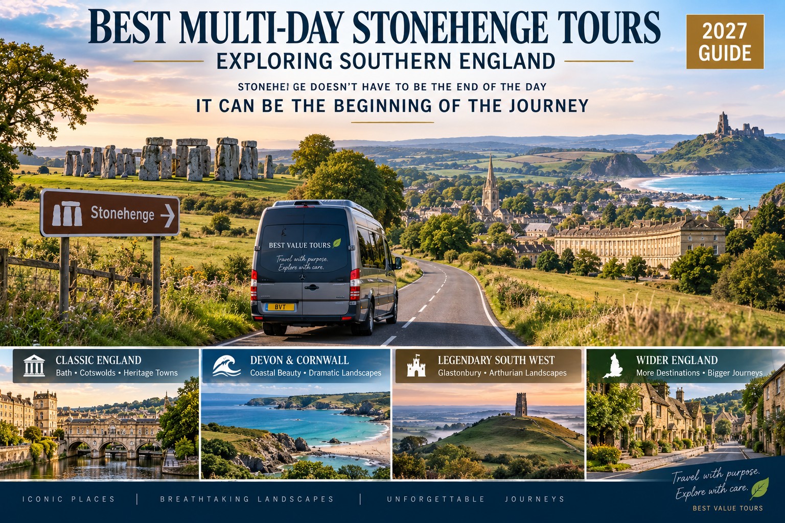 Multi-day Stonehenge tour through Southern England showing Stonehenge as the starting point for journeys towards Bath and the Cotswolds, Devon and Cornwall, legendary South West landscapes and wider England.