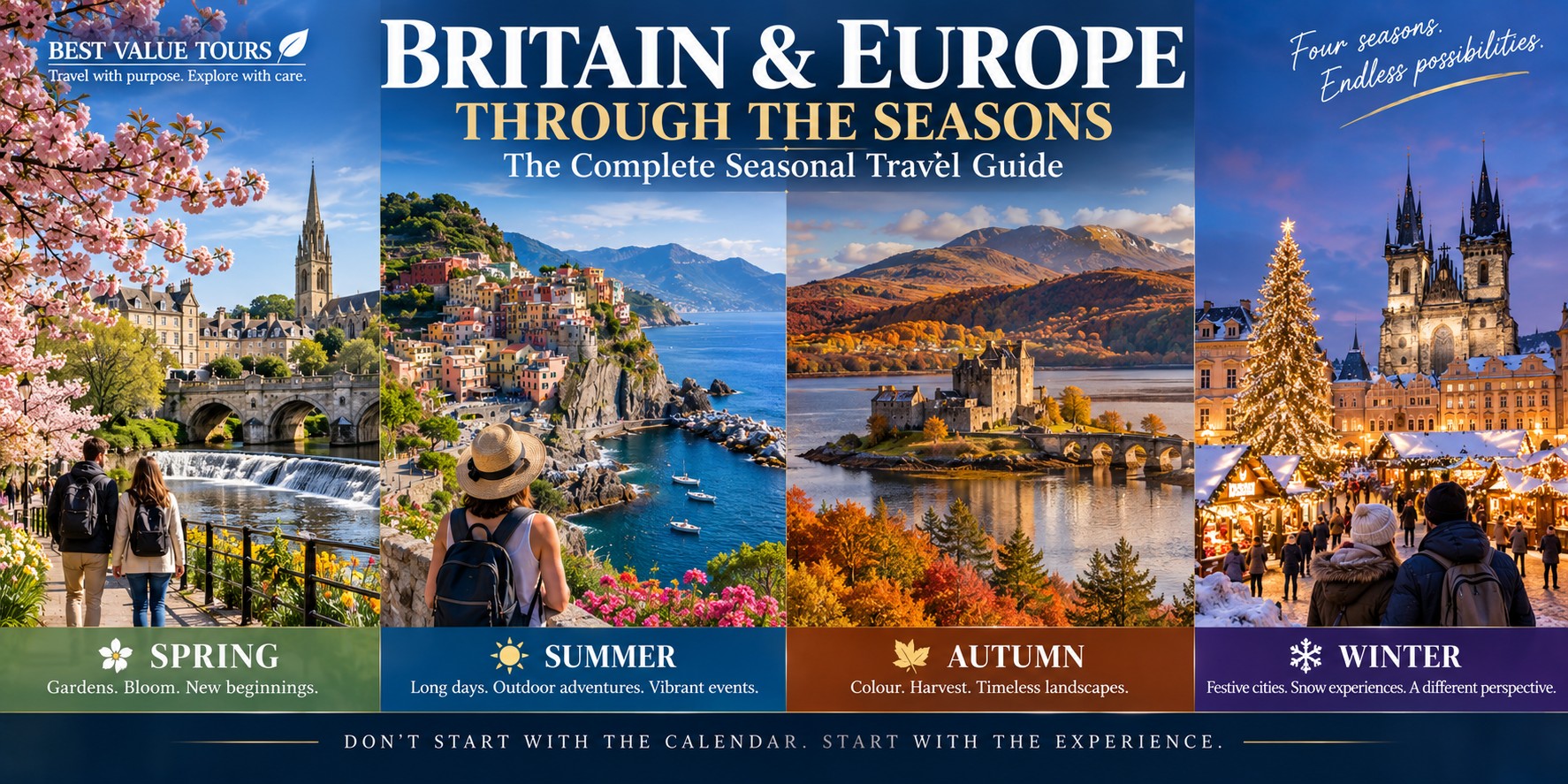 Britain and Europe through spring, summer, autumn and winter, showing blossom, coastal scenery, autumn landscapes and a festive Christmas market.