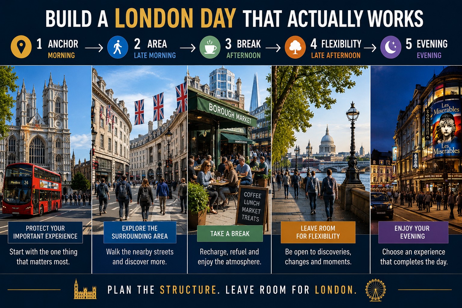 London itinerary planning graphic showing a realistic five-step sightseeing day from a major attraction and nearby exploration to a lunch break, flexible afternoon and London evening experience.