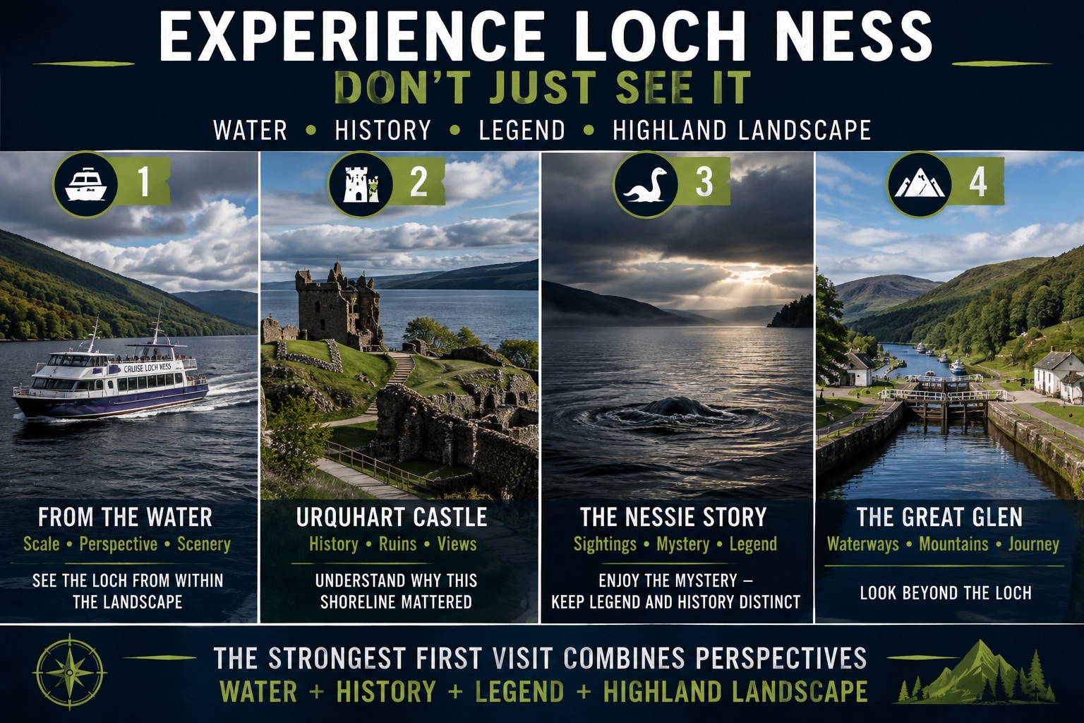 Four-part Loch Ness guide showing a cruise, Urquhart Castle, the Nessie legend and the Great Glen Highland landscape.