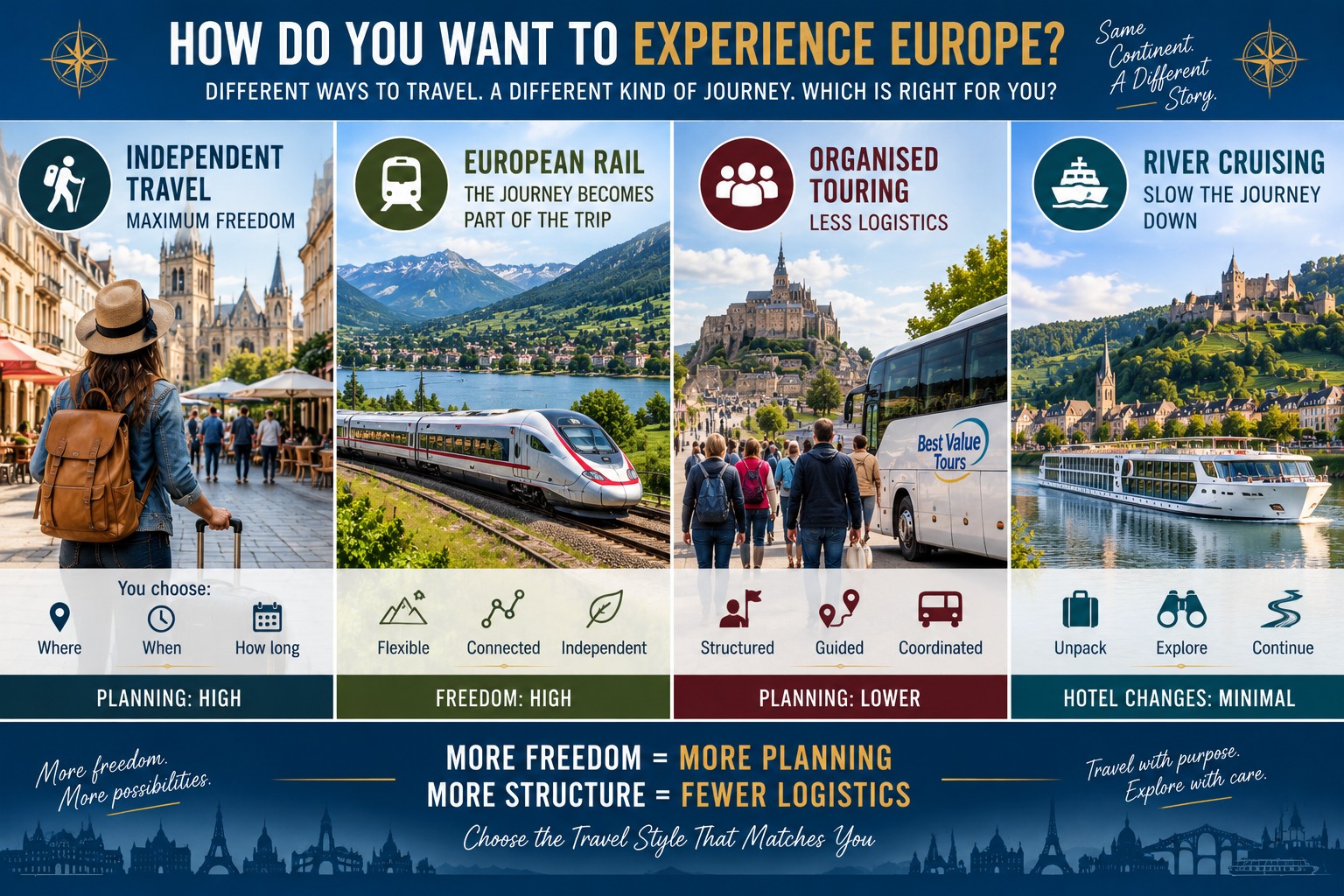 Four ways to tour Europe from Britain showing independent travel, European rail, organised touring and river cruising