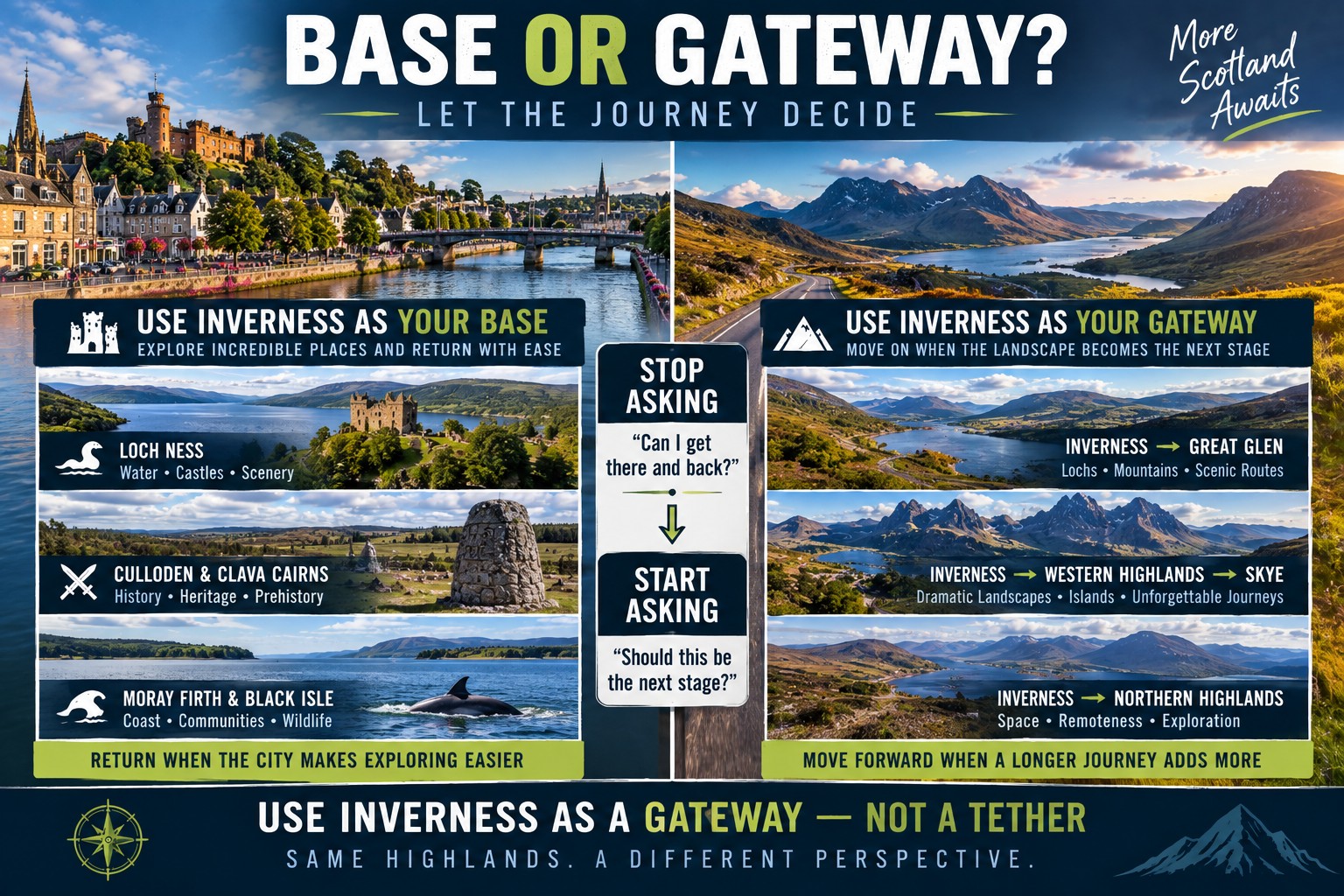 Split travel guide showing Inverness as a base for Loch Ness, Culloden and the Moray Firth or as a gateway into the Great Glen, western and northern Highlands.