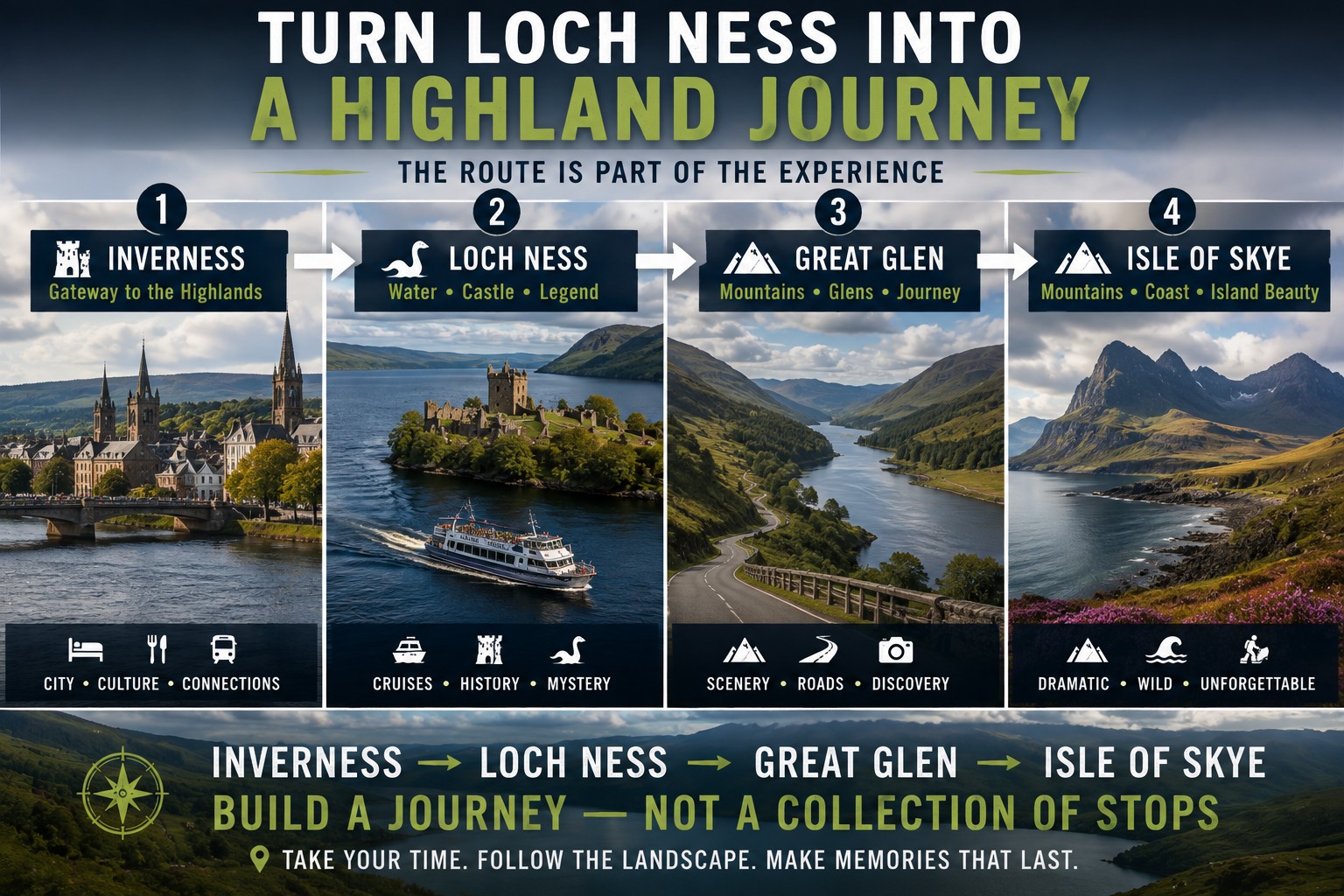 Four-part Scotland journey showing Inverness, Loch Ness and Urquhart Castle, the Great Glen and the Isle of Skye.