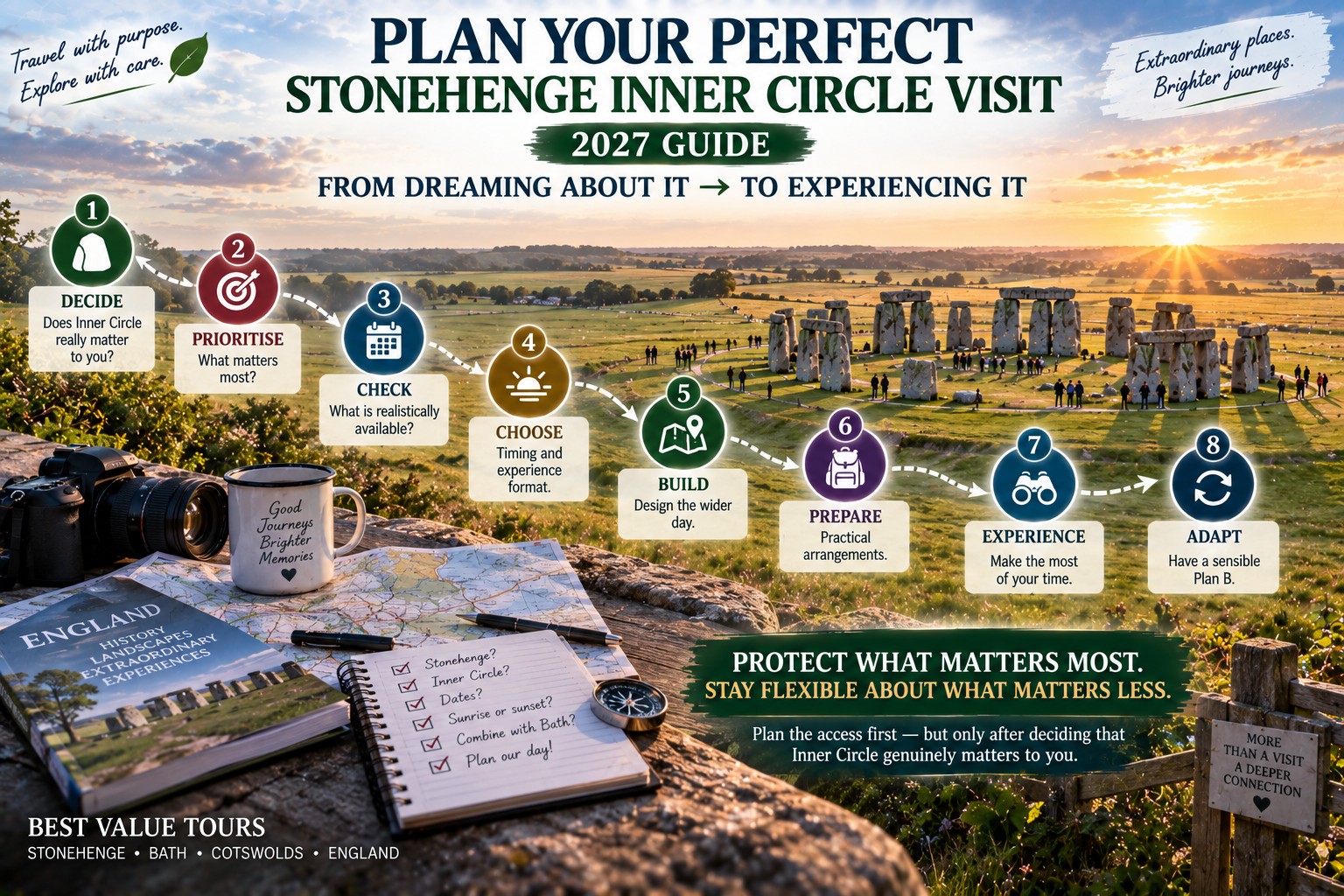 Stonehenge Inner Circle planning infographic showing an eight-stage journey from deciding whether special access matters through priorities, availability, timing, itinerary planning, preparation, the visit and a backup plan.