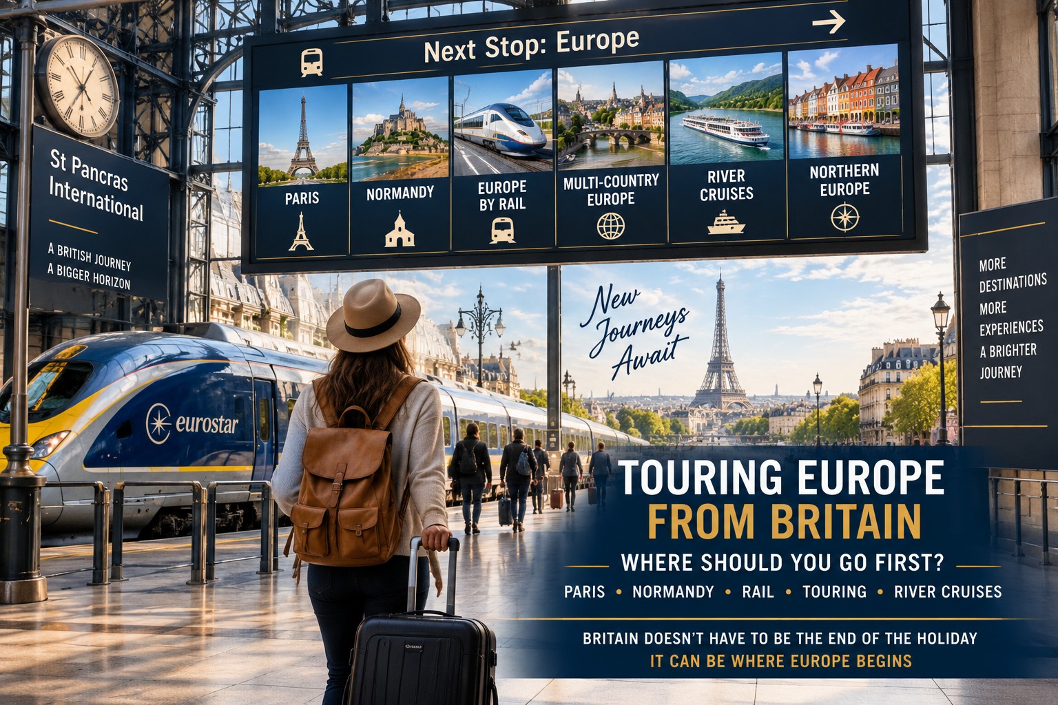 Traveller at London St Pancras preparing to tour Europe from Britain, with routes towards Paris, Normandy, European rail journeys and wider Europe