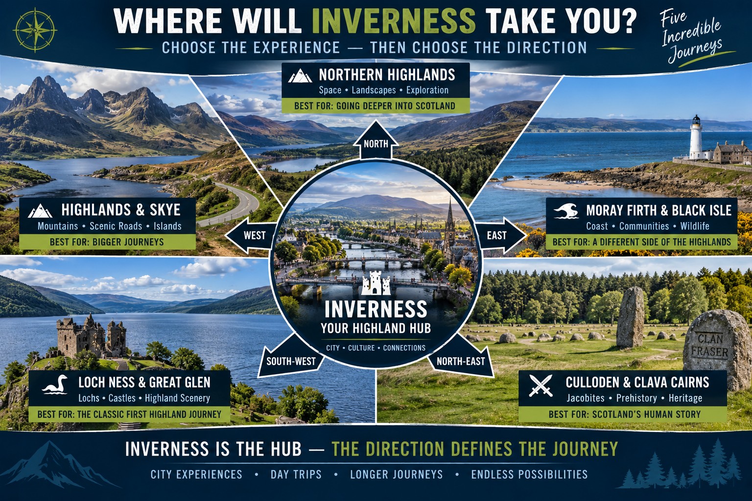 Inverness journey guide showing routes to Loch Ness and the Great Glen, Culloden and Clava Cairns, Moray Firth, Skye and the Northern Highlands.
