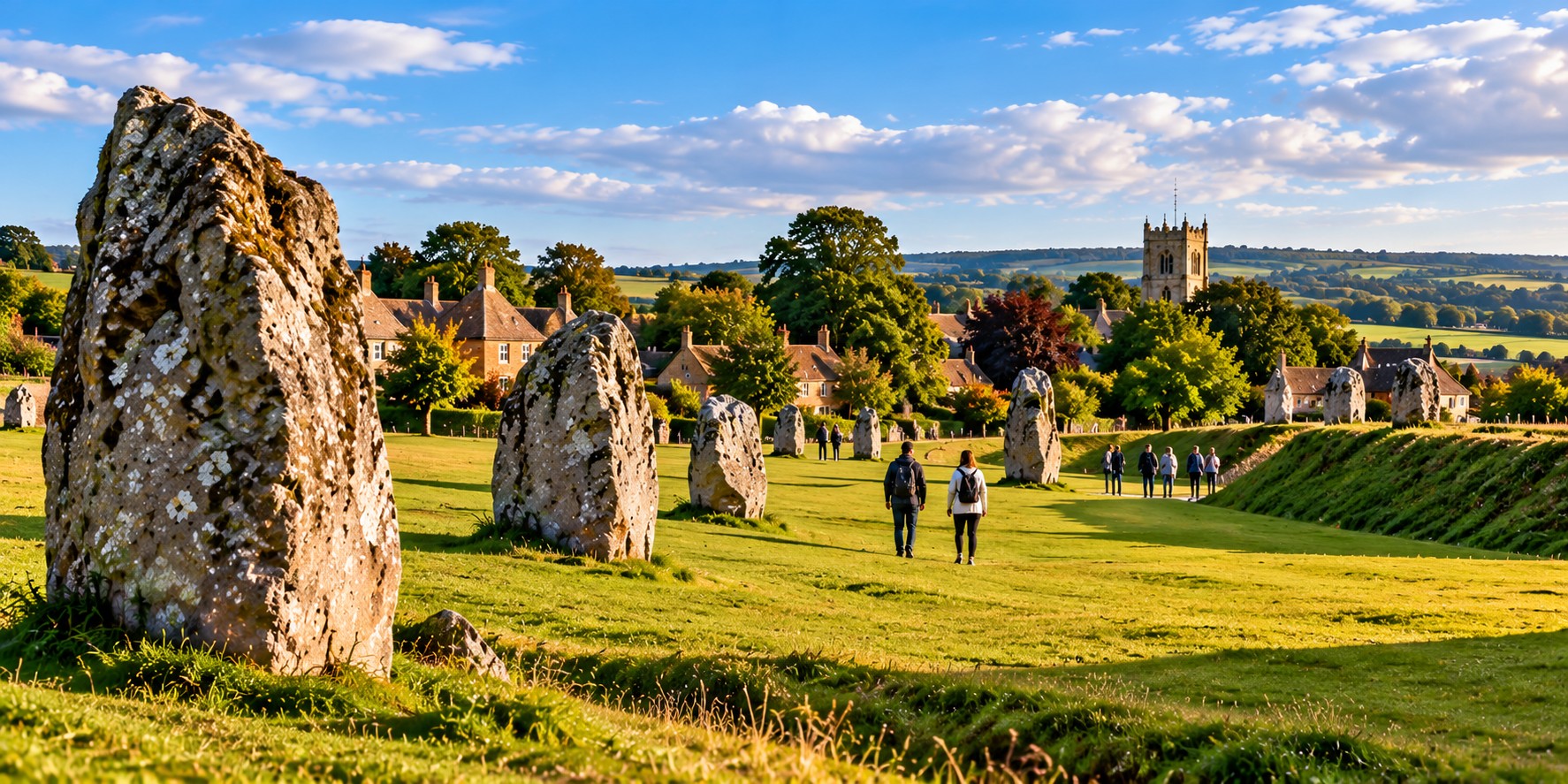 Avebury's prehistoric standing stones set within a broad grassy landscape, with village buildings, historic earthworks and visitors illustrating the scale of the Neolithic monument.