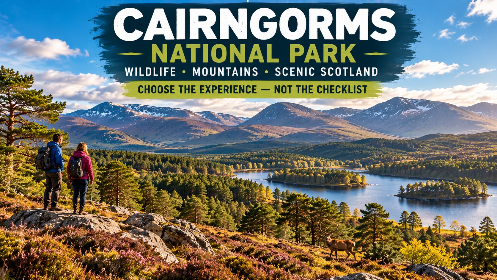 Cairngorms National Park landscape with pine forest, loch, Highland mountains, walkers and a red deer.