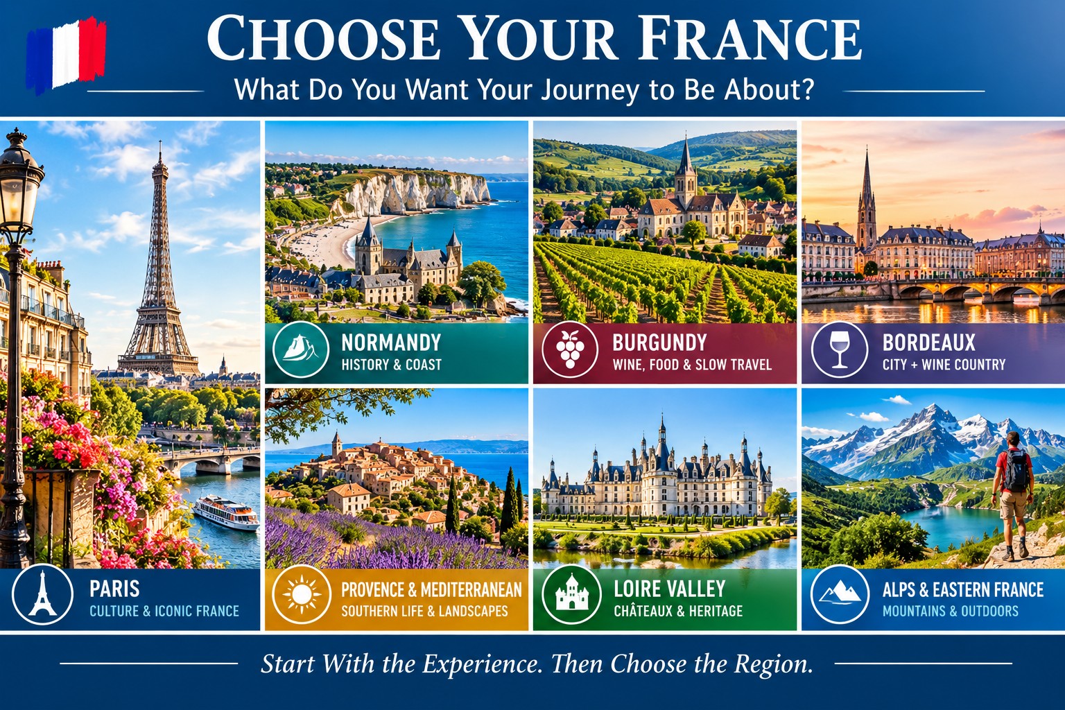 France travel comparison showing Paris, Normandy, Burgundy, Bordeaux, Provence, the Loire Valley and the French Alps