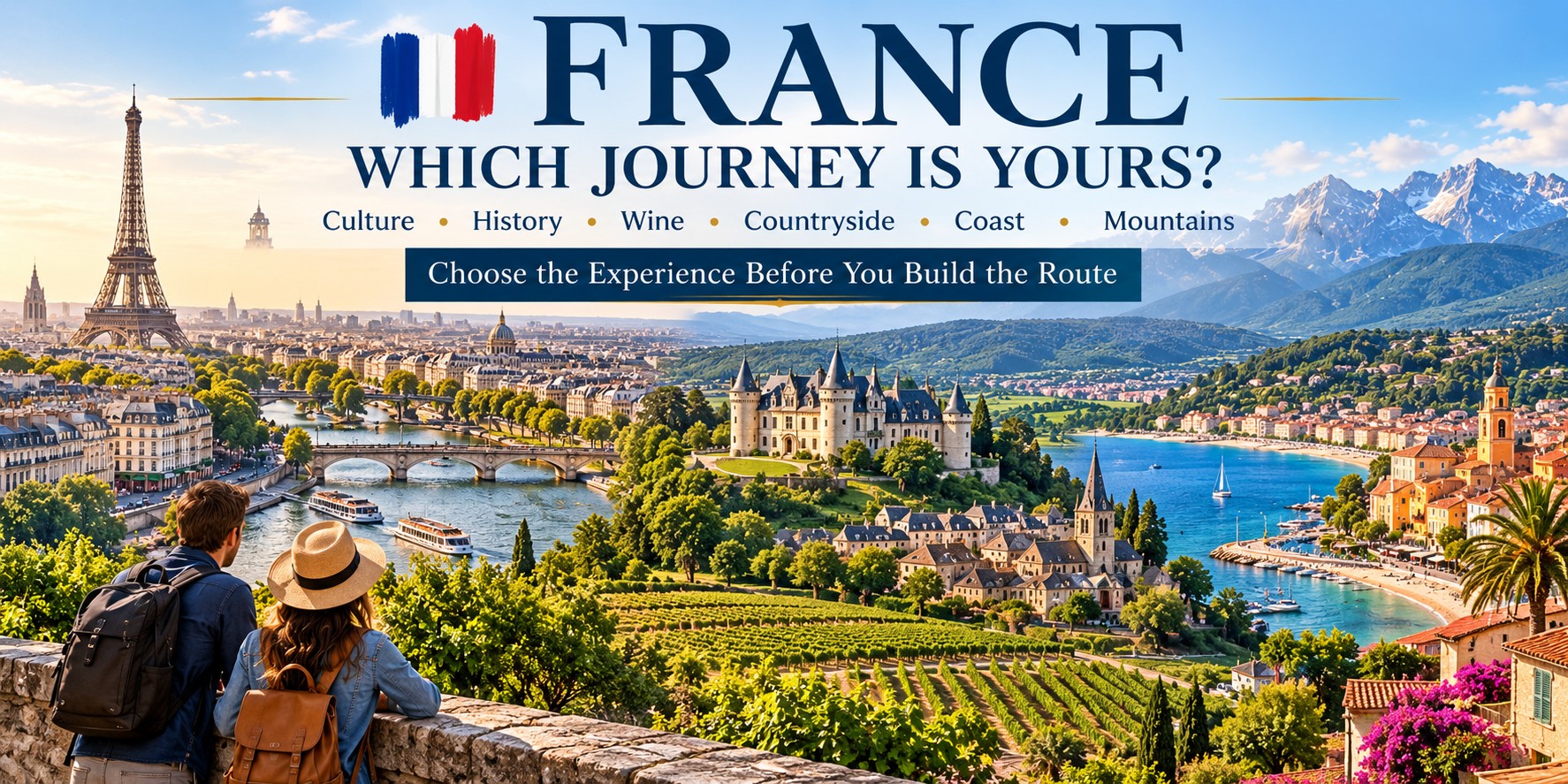 France travel panorama showing Paris, vineyards, a historic château, Mediterranean coastline and Alpine mountains representing different ways to explore France