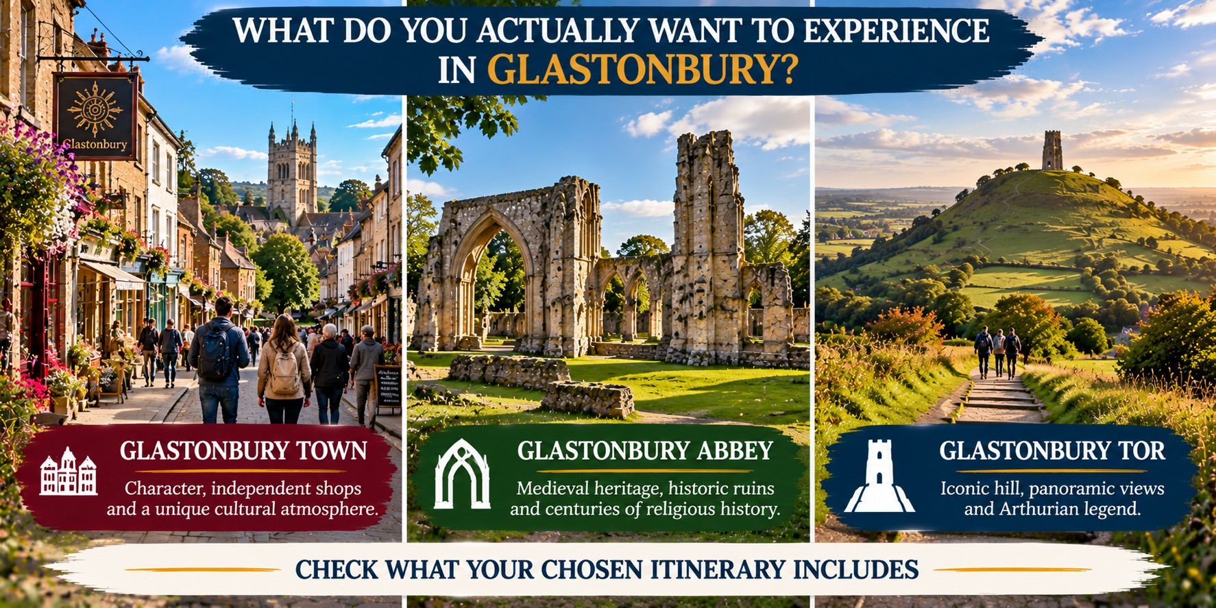 Glastonbury's historic town, medieval abbey ruins and Glastonbury Tor compared as three distinct visitor experiences, highlighting culture, religious heritage and landscape.