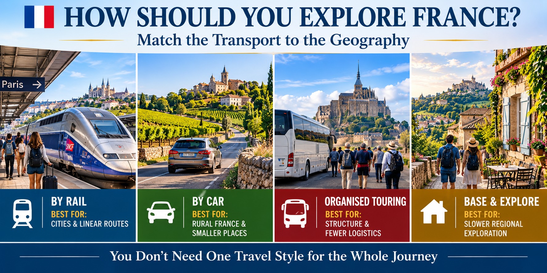 Four ways to explore France comparing rail travel, driving, organised touring and base-and-explore regional travel