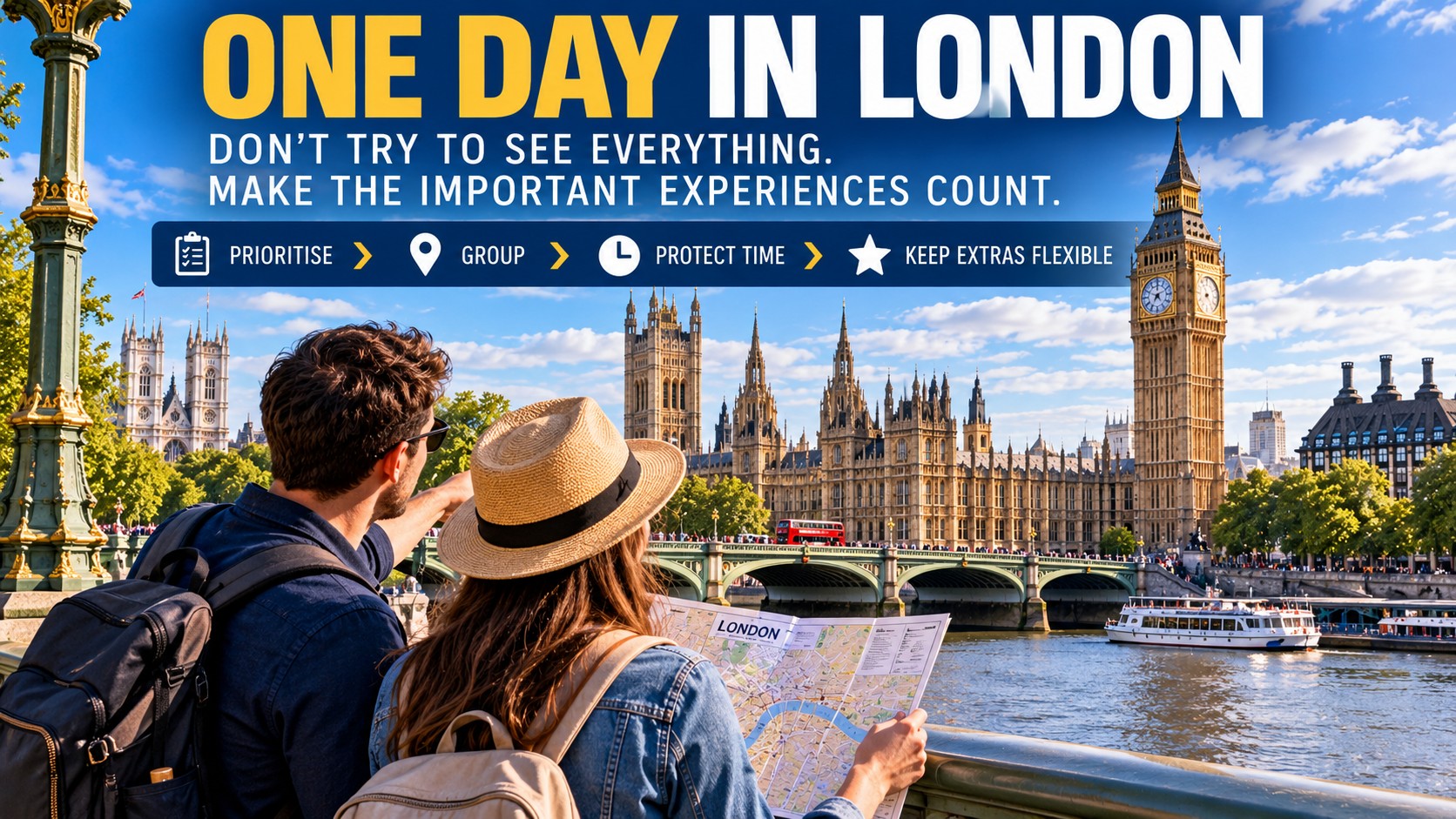 Visitors planning a one-day London sightseeing itinerary beside the Thames, with Big Ben, the Houses of Parliament and Westminster landmarks illustrating the need to prioritise major attractions and protect limited sightseeing time.