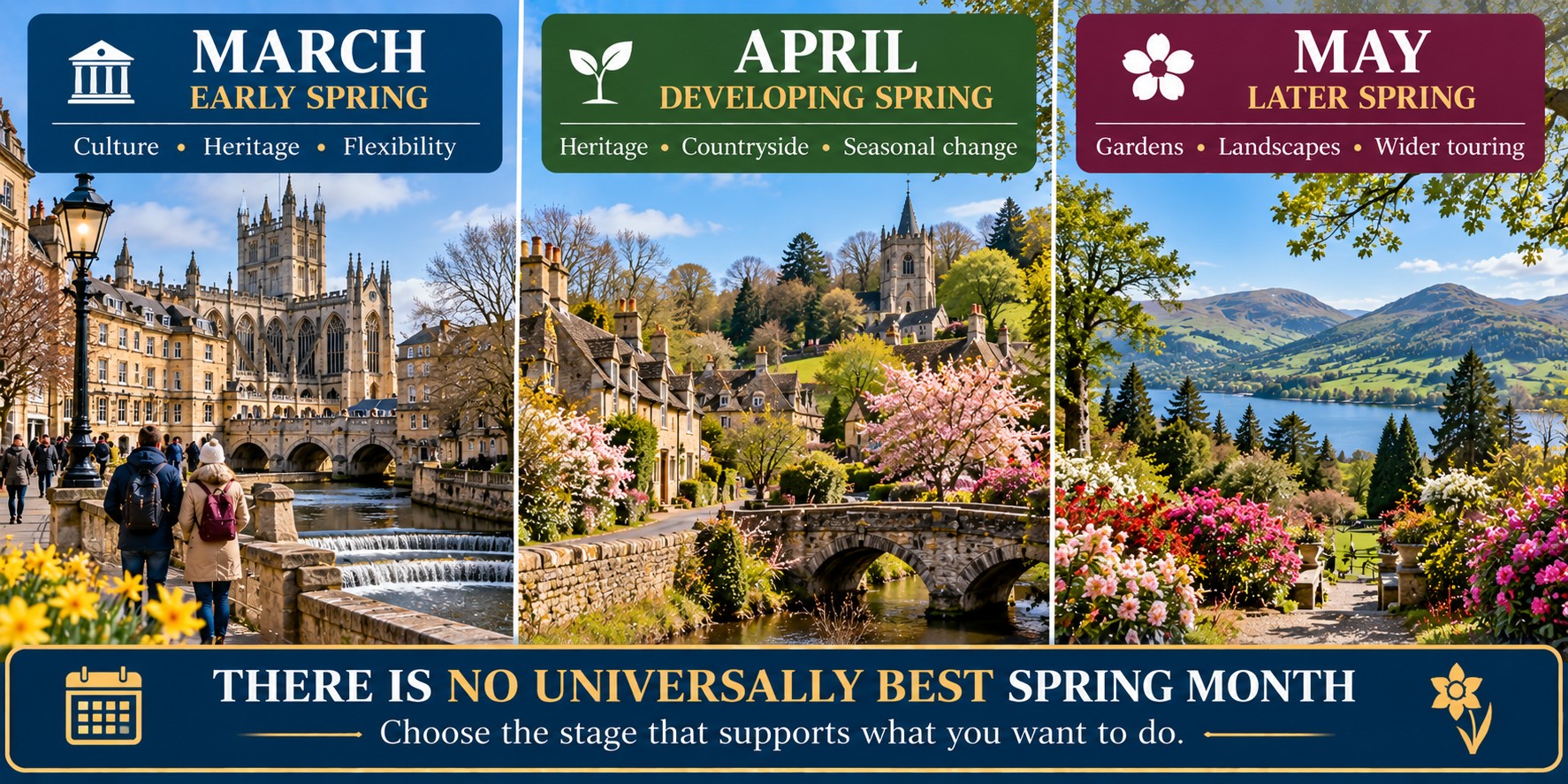 March, April and May spring travel comparison in Britain showing historic cities, developing countryside and later-spring gardens and landscapes.