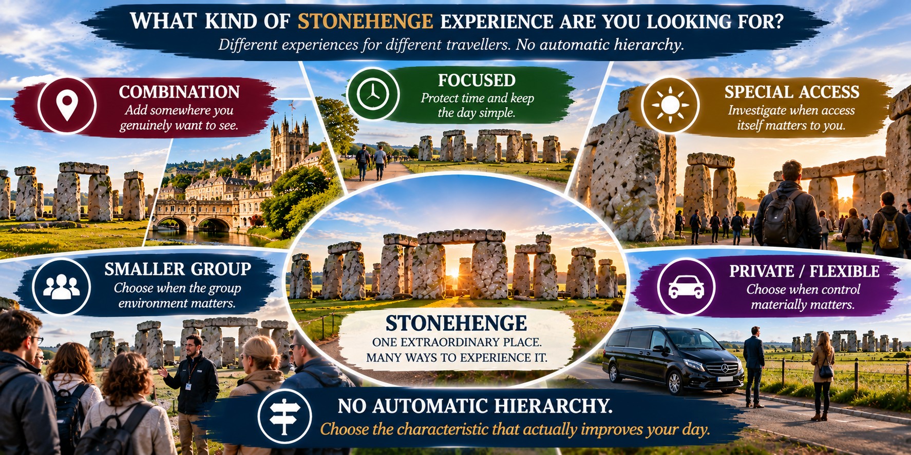 Stonehenge experience comparison showing focused visits, combination touring, special access, smaller-group travel and private flexible touring as different choices for different traveller priorities.