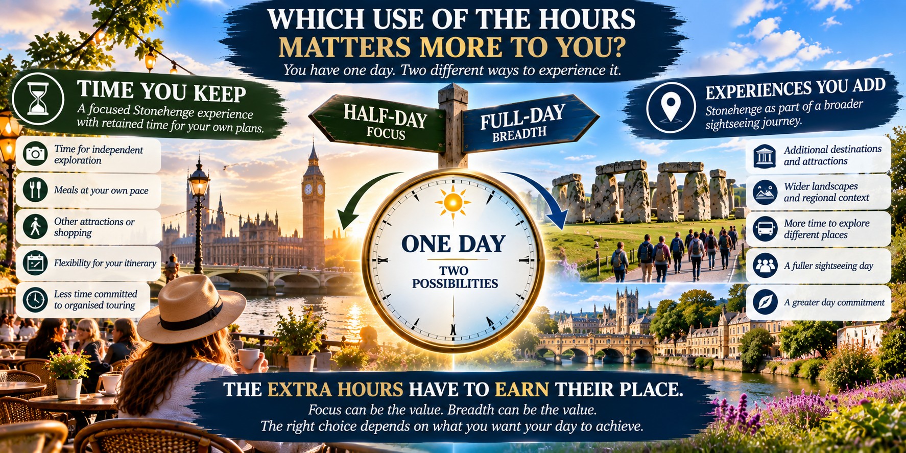 Stonehenge half-day vs full-day decision graphic comparing retained personal time with the additional sightseeing and broader journey available when more of the day is committed to touring.