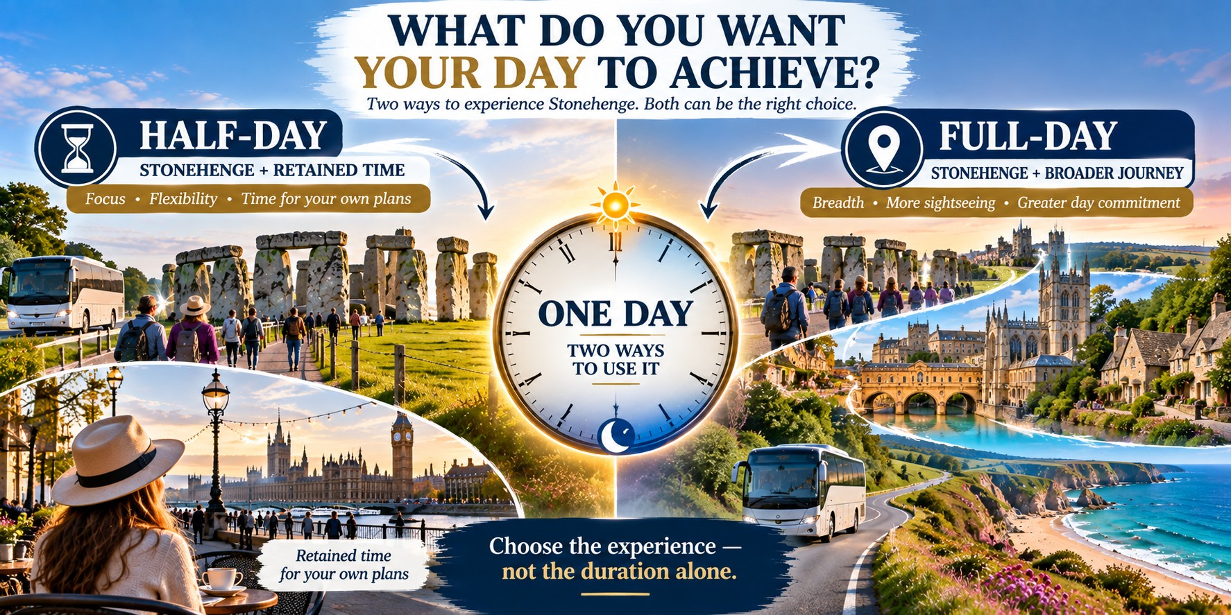 Stonehenge half-day vs full-day tour comparison showing a focused Stonehenge visit with retained personal time alongside a broader sightseeing journey.